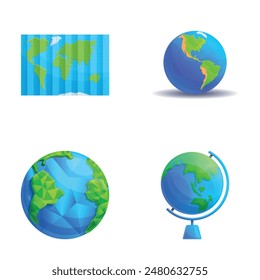 Iconos de geografía conjunto de Vector de dibujos animados. Mapa del mundo y globo terráqueo. Educación, aprendizaje y viajes
