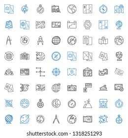 geography icons set. Collection of geography with compass, worldwide, map, earth, ozone layer, planet, earth globe, school, eruption, planet earth. Editable and scalable geography icons.