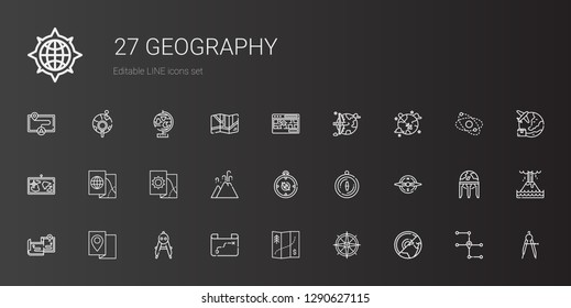 geography icons set. Collection of geography with earth, compass, map, maps, eruption, worldwide, street map, earth globe, planet, globe. Editable and scalable geography icons.