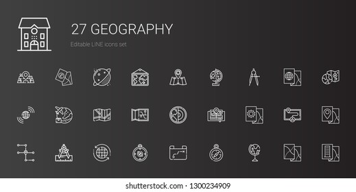 geography icons set. Collection of geography with earth globe, compass, map, earth grid, earth, worldwide, globe, planet, maps, school. Editable and scalable geography icons.