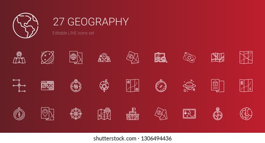 geography icons set. Collection of geography with map, school, compass, planet, global, street map, planet earth, maps, earth globe. Editable and scalable geography icons.