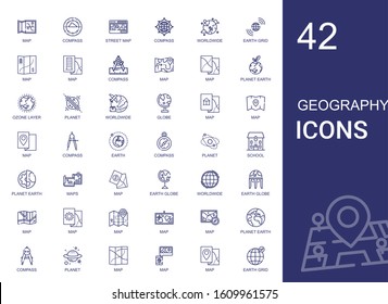 geography icons set. Collection of geography with map, compass, street map, worldwide, earth grid, planet earth, ozone layer, planet, globe. Editable and scalable geography icons.
