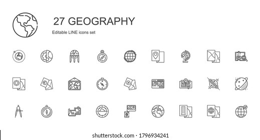 geography icons set. Collection of geography with map, planet earth, compass, maps, street map, globe, worldwide, earth grid, planet, earth globe. Editable and scalable geography icons.