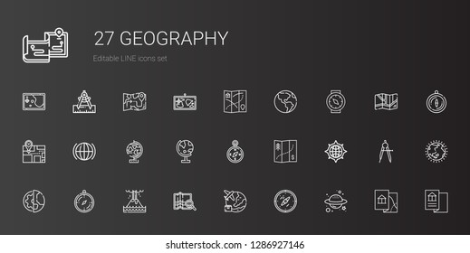 geography icons set. Collection of geography with planet, compass, worldwide, map, eruption, planet earth, globe, global, earth globe, ozone layer. Editable and scalable geography icons.
