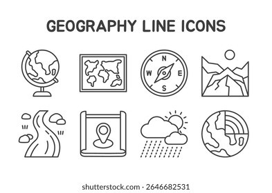 Ícones geográficos Conjunto com 8 ícones de linha editáveis em um estilo de linha simples e moderno. Perfeito para uso em aulas de geografia, aplicativos educacionais, infográficos baseados em mapas e materiais de sala de aula.