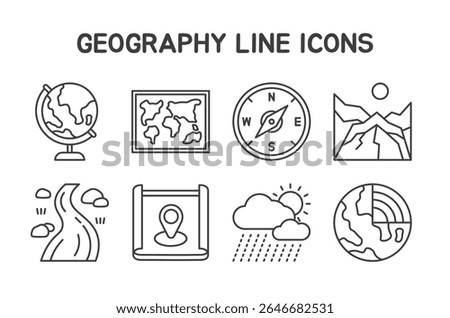 Geography Icons Set featuring 8 editable line icons in a simple and modern line style. Perfect for use in geography lessons, educational apps, map-based infographics, and classroom materials.