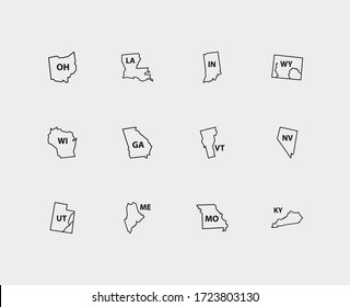 Geography icons set. Travel and geography icons with maine, missouri and view. Set of louisiana for web app logo UI design.