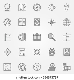 Geography icons set - vector linear education cartography symbols. Navigation and maps signs or logo elements in line style