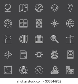 Geography icons - vector collection of science symbols. Wind rose, compass, globe, books signs in thin line style on dark background