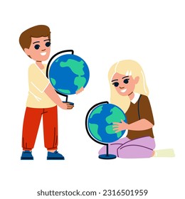vector de niños geográficos. globo escolar, educación mundial, estudio lindo, chico del mapa, personaje de la geografía de clase femenina. ilustración de dibujos animados planos de personas