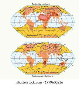 Geography landforms and elevation vector illustration. World isotherm map and temperature map for July and January