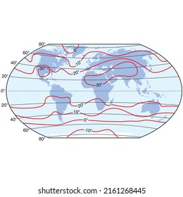 Geography landforms and elevation vector illustration. World isotherm map and temperature map for July and January