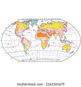 Geografische Landformen und Höhenvektorgrafik. Weltisotherm-Karte und Temperaturkarte für Juli und Januar