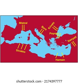 Geography Landforms And Elevation Vector Illustration. Local Winds In The Mediterranean Basin