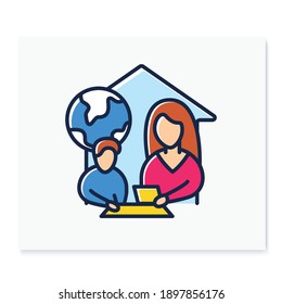 Geography lesson color line icon. Child teaches geographics with mother. Home education concept. Distant remote teaching and homeschooling. Isolated vector illustration 