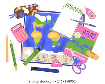 Geography lesson concept illustration. A set of items for school activities. Studying countries using a world map, working with an atlas. Vector illustration isolated on a transparent background.