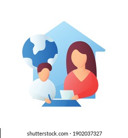 Icono plano de la lección de geografía. El niño enseña geografía con la madre. Concepto de educación en el hogar. La enseñanza a distancia y la escolarización en el hogar. Ilustración vectorial de color aislada 