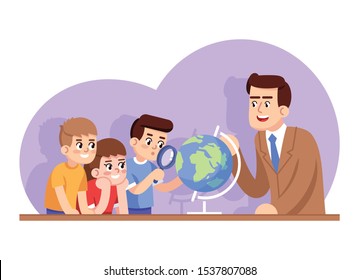 Geography lesson flat vector illustration. Extracurricular activity. Geographical club for kids. Popularization of earth science. Boys researching globe with teacher cartoon characters