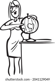 In a geography lesson, the lady shows something on the globe. The teacher in the classroom is standing at the desk
