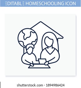 Geography lesson line icon. Child teaches geographics with mother. Home education concept. Distant remote teaching and homeschooling. Editable vector illustration 