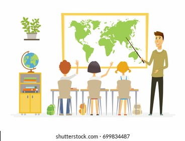 Geography lesson at school - modern cartoon people characters illustration with children listening to a young teacher, raising hands. Classroom with different visual aids, board, globe, desk, pointer