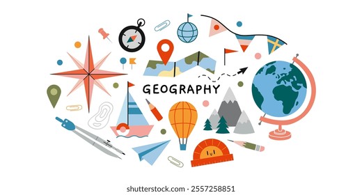 Geography lesson at school, travel concept. Oval composition with globe, wind rose, compass, mountains, map, hot air balloon and ship. Vector illustration isolated on white, hand drawn, flat