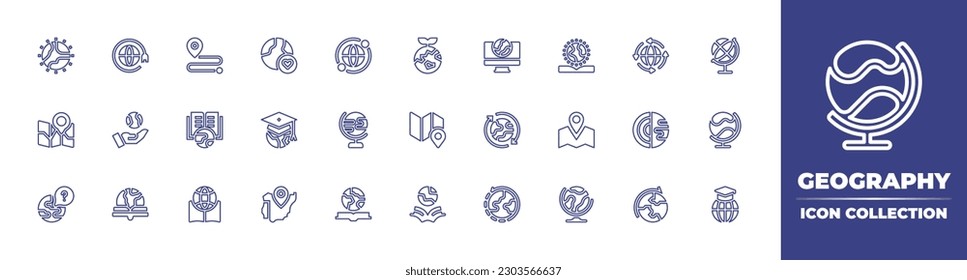 Colección de iconos de la línea de geografía. Trazo editable. Ilustración vectorial. Conteniendo mundo, global, destino, tierra, verde, geografía, globo, mapa, planeta tierra, libro, españa, transporte global.