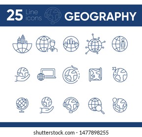 Geography line icon set. Businessman, globe, map, location pointer. Travel concept. Can be used for topics like travel abroad, business trip, tourism