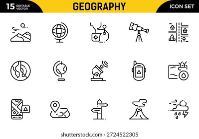 Symbolsatz für Geografiezeile. Umfasst dünne Linien Symbole Erde, geologische, Bergbau, Geologie und mehr. Paket mit dünnen Gliederungssymbolen. Vektorgrafik