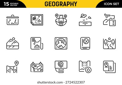Symbolsatz für Geografiezeile. Umfasst dünne Linien Symbole Erde, geologische, Bergbau, Geologie und mehr. Paket mit dünnen Gliederungssymbolen. Vektorgrafik