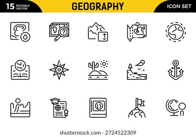 Symbolsatz für Geografiezeile. Umfasst dünne Linien Symbole Erde, geologische, Bergbau, Geologie und mehr. Paket mit dünnen Gliederungssymbolen. Vektorgrafik