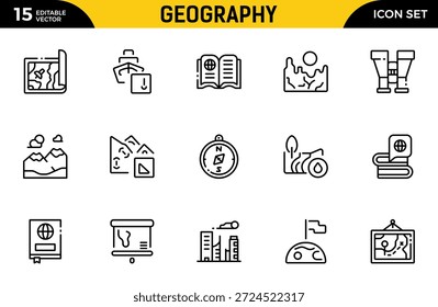 Symbolsatz für Geografiezeile. Umfasst dünne Linien Symbole Erde, geologische, Bergbau, Geologie und mehr. Paket mit dünnen Gliederungssymbolen. Vektorgrafik