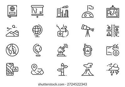 Symbolsatz für Geografiezeile. Umfasst dünne Linien Symbole Erde, geologische, Bergbau, Geologie und mehr. Paket mit dünnen Gliederungssymbolen. Vektorgrafik