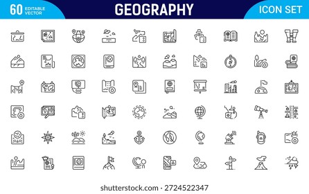 Symbolsatz für Geografiezeile. Umfasst dünne Linien Symbole Erde, geologische, Bergbau, Geologie und mehr. Paket mit dünnen Gliederungssymbolen. Vektorgrafik