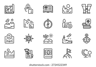 Symbolsatz für Geografiezeile. Umfasst dünne Linien Symbole Erde, geologische, Bergbau, Geologie und mehr. Paket mit dünnen Gliederungssymbolen. Vektorgrafik