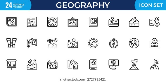 Conjunto de iconos de línea de geografía: símbolos de contorno delgado de la tierra, geología, investigación geológica y minería, paquete de iconos de vectores de línea delgada mínima moderna