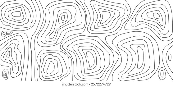 Geography line map with topographic map background. vector of organic ripple line shape pattern with Topography circles. Dynamic wavy black forms and isolated on White background. Transparent PNG.