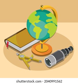 geography map book and telescope