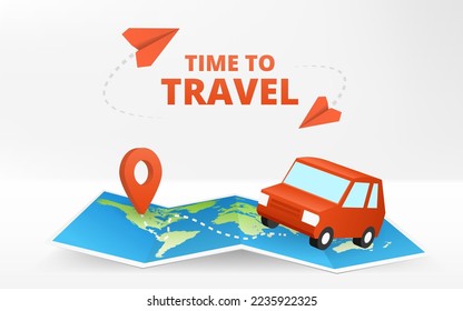 Geography map. Time to travel. Fold paper world map with place mark pined. Touristic equipment with dots pointer of position. Carsharing tracking app. Red car. Navigation gps concept of traveling.