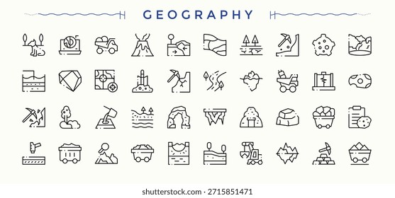 Geography modern icon set. Geography icon collection. Minimalist icons pack. Pack of mining, earth, geology and more. Editable vector. Pixel perfect.