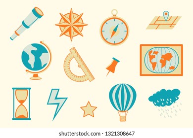 geography navigation object education with various objects - vector
