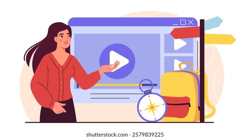 Geography online class. Woman near backpack, compass and computer with educational videos. Remote education, learning and training. Lesson on Internet. Flat vector illustration