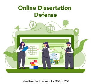 Geography online service or platform. Studying the lands, features, inhabitants of the Earth. Mapping and environment research. Online dessertation defense. Isolated vector illustration