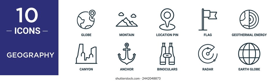 Geography Outline Icon Set enthält dünne Linie Globus, Berg, Standort Pin, Flagge, Geothermie, Canyon, Anker Icons für Bericht, Präsentation, Diagramm, Web-Design