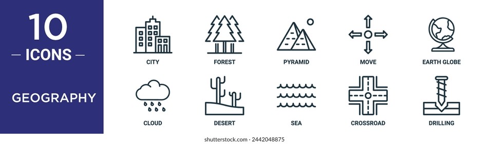 geography outline icon set includes thin line city, forest, pyramid, move, earth globe, cloud, desert icons for report, presentation, diagram, web design
