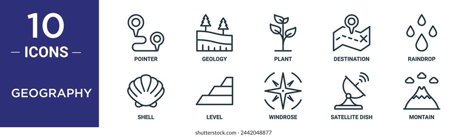 geography outline icon set includes thin line pointer, geology, plant, destination, raindrop, shell, level icons for report, presentation, diagram, web design