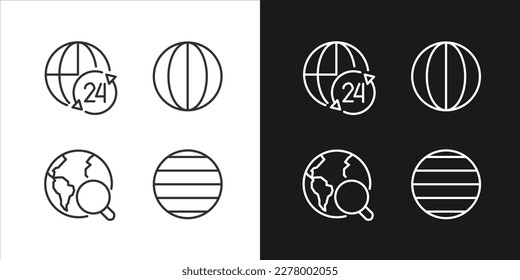 Iconos lineales perfectos de píxeles geográficos para el modo oscuro y claro. Zonas horarias planetarias. Longitud y latitud. Símbolos delgados para la noche, tema del día. Ilustraciones aisladas. Trazo editable