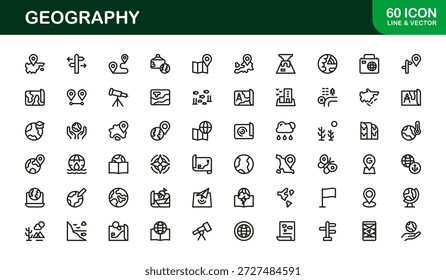 Geografie Professionelle Linie Icon Kollektion mit sauberen minimalen Vektorgrafiken mit modernem Design für Kartographie Navigation und Geowissenschaften