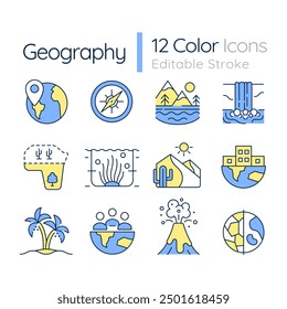 Geografie RGB Farbe Symbole gesetzt. Schulfach. Landschaften und Umwelt. Weltkarte. Wissenschaftliche Disziplin. Isolierte Vektorgrafiken. Einfache Sammlung von ausgefüllten Linien. Bearbeitbarer Strich