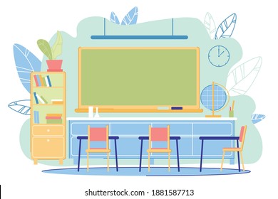 Geography School Classroom Interior Modern Flat Vector Illustration. Learning, Studying and Research. Empty Place. Desk, Bookshelf with Literature, Chalkboard, Globe, Flask and Beaker on Background
